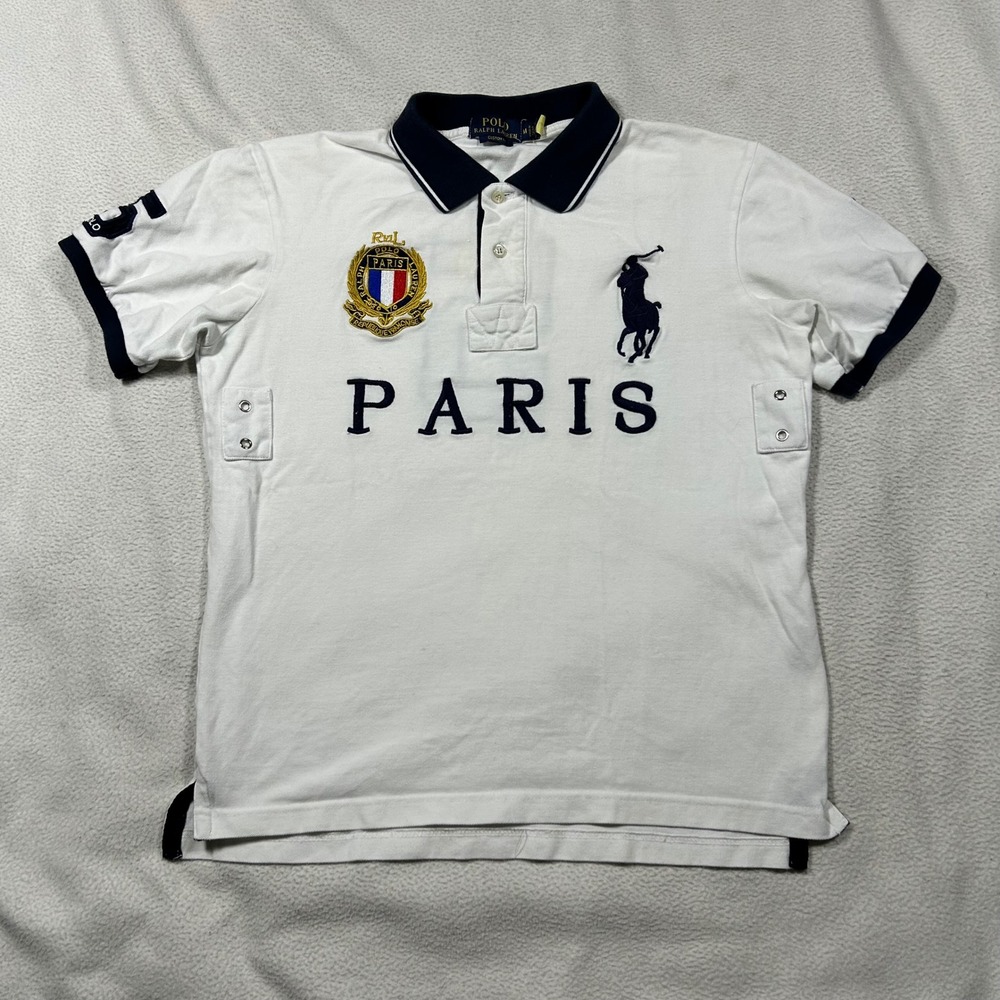 Polo Ralph Lauren Polo Shirt Kids Medium White Paris Big Pony Crest Custom Fit